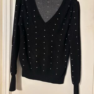 Daniel Rainn Black Hazel V-Neck Puff Sleeve Sweater with White Dot Embellishment